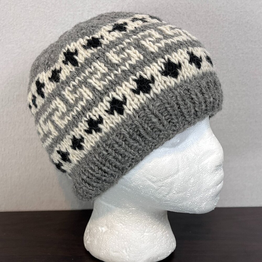 Handmade Nepal Wool Beanie Hat Grey Fair Isle Fleece Lined Winter‎ Knit Cap